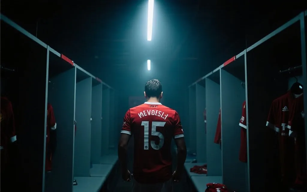 世界杯主场压力意象：更衣室里球员背影与灯光，紧张氛围