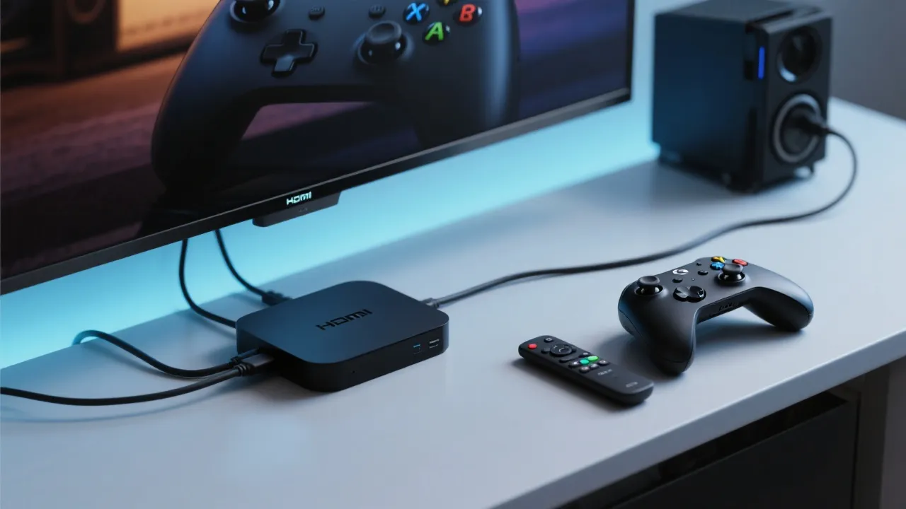 外接流媒体盒子与游戏主机通过HDMI连接电视，桌面摆放线材与遥控器
